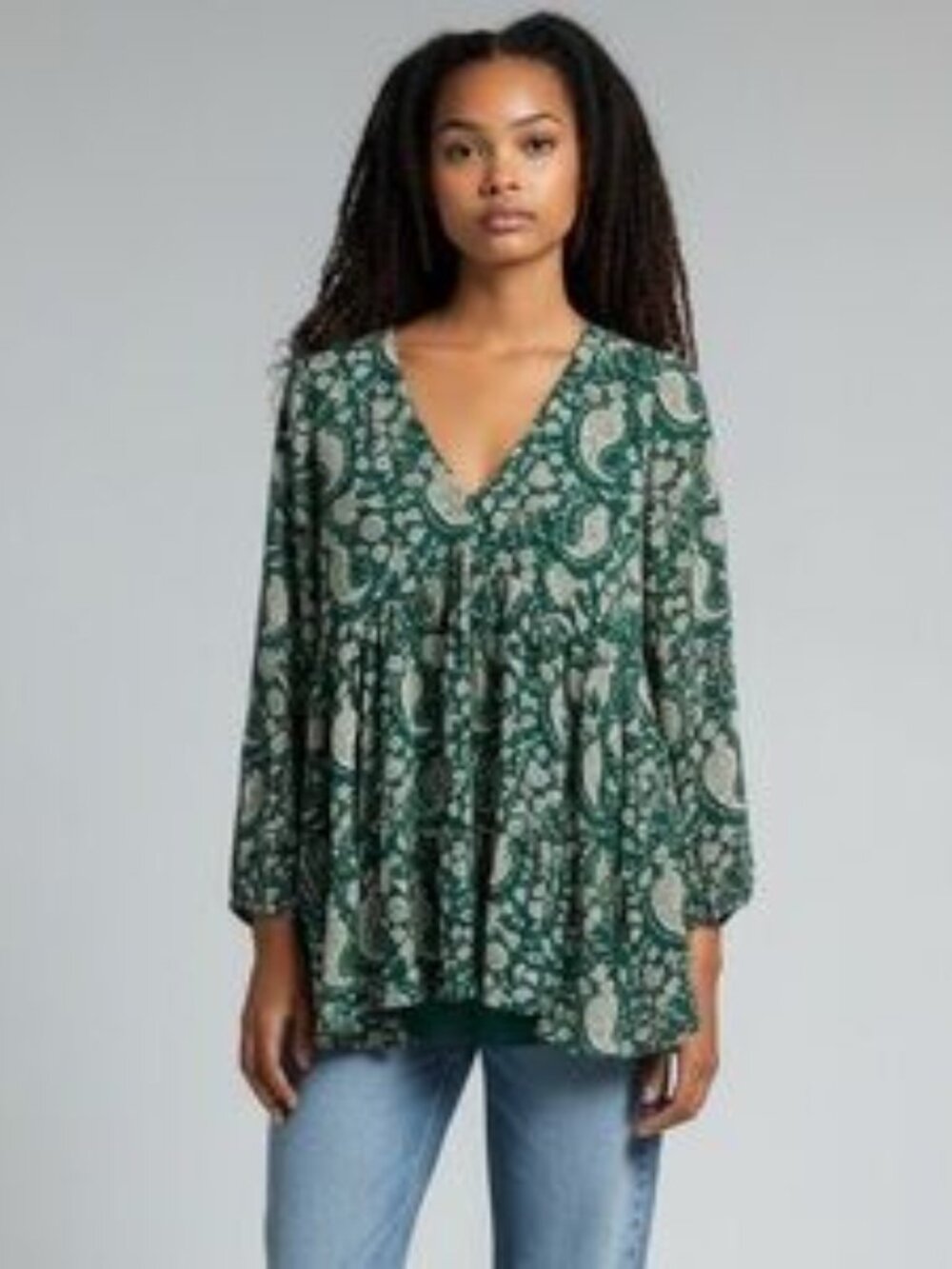 Melloday Green Paisley Floral Print Boho Babydoll Tunic Top Blouse V-Neck Casual